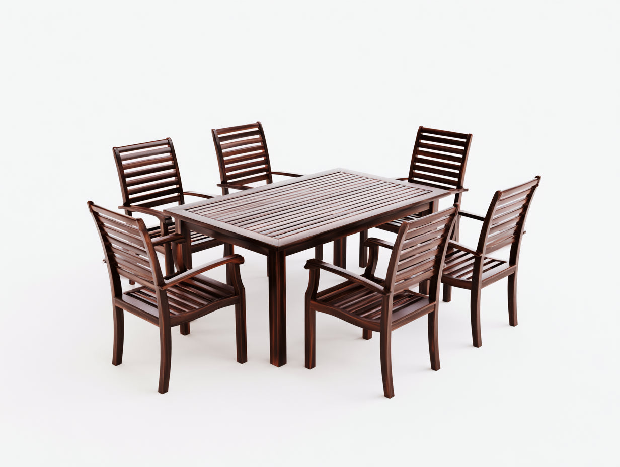 Conjuntos de comedor de jardín de madera 180 x 90 x 75 cm - Marrón oscuro - Mesa rectangular con 6 sillas de diseño clásico