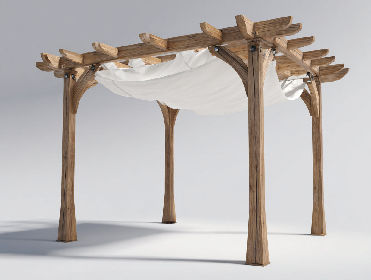 Pérgola de jardín de madera 360x300x250 cm - madera natural blanco y negro - estilo rústico con toldo textil