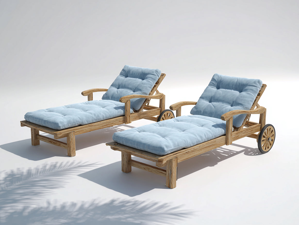 Tumbonas de madera 200x72x92 cm - Madera natural y azul claro - Pack de 2 con ruedas y respaldo ajustable - Diseño clásico para jardín y piscina