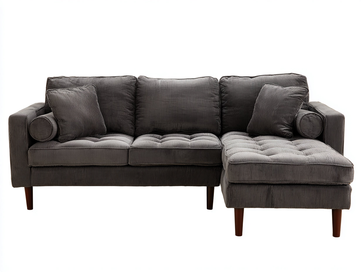 Sofás de esquina tapizados en pana 235x155x86 cm - gris oscuro y marrón - diseño moderno con módulo extendido