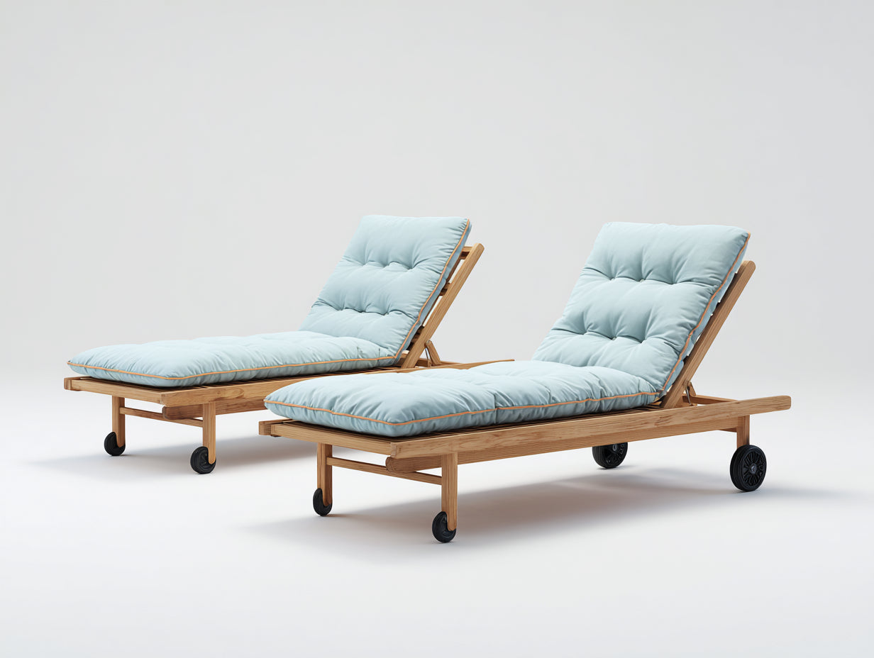 Set de 2 Tumbonas de madera 200 x 70 x 85 cm - Madera natural y azul claro - Respaldo reclinable con ruedas