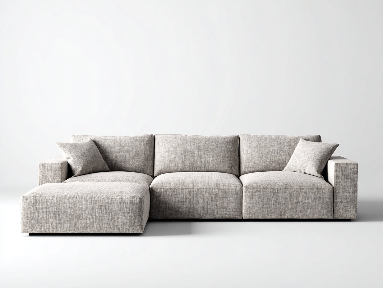 Sofás de esquina tapizados 305x180x82 cm - Beige claro - Chaise longue integrada - Diseño modular moderno para salón