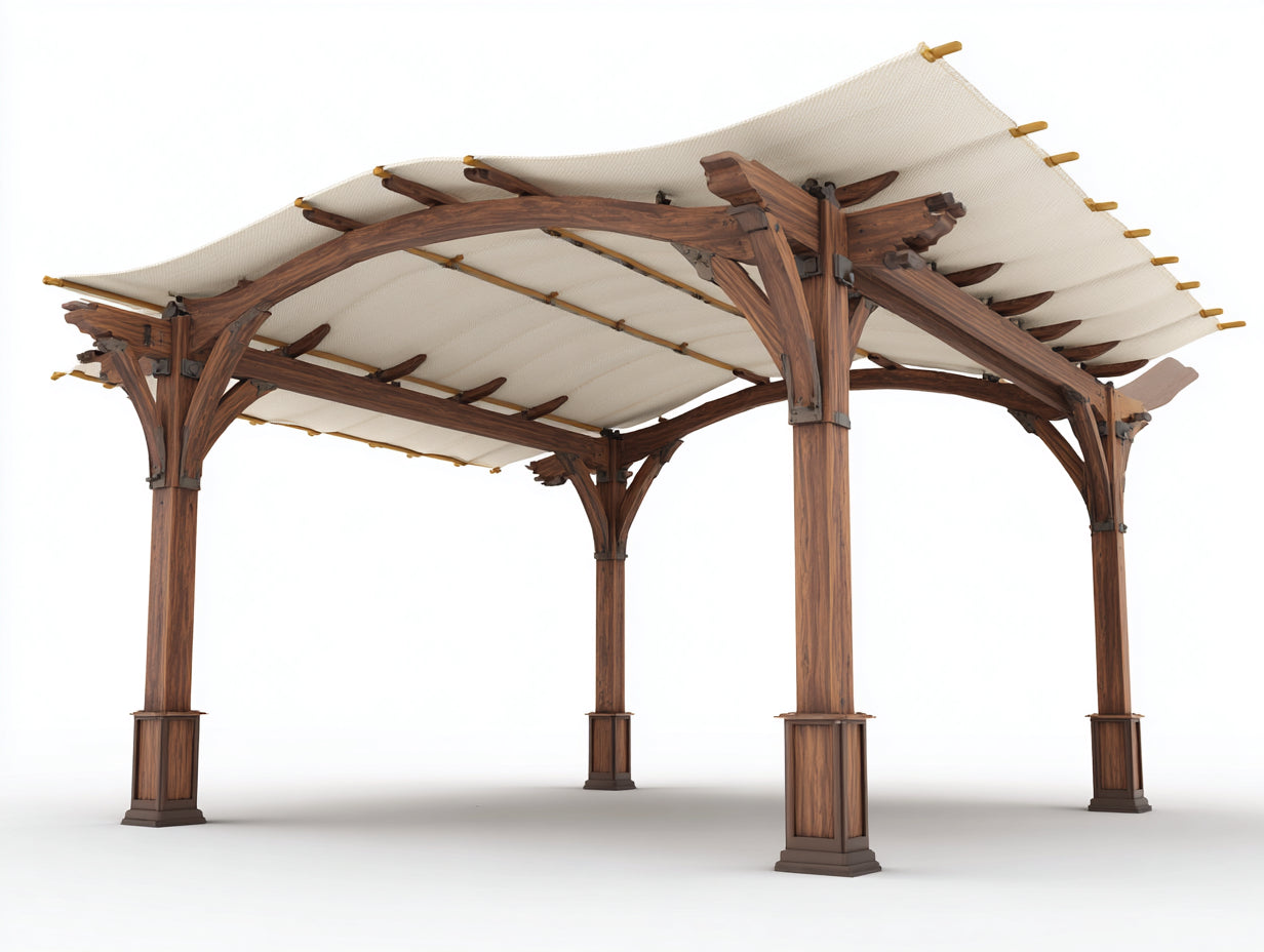 Pérgola de jardín de madera 400x300x250 cm - marrón madera-crema - techo con toldo de tela