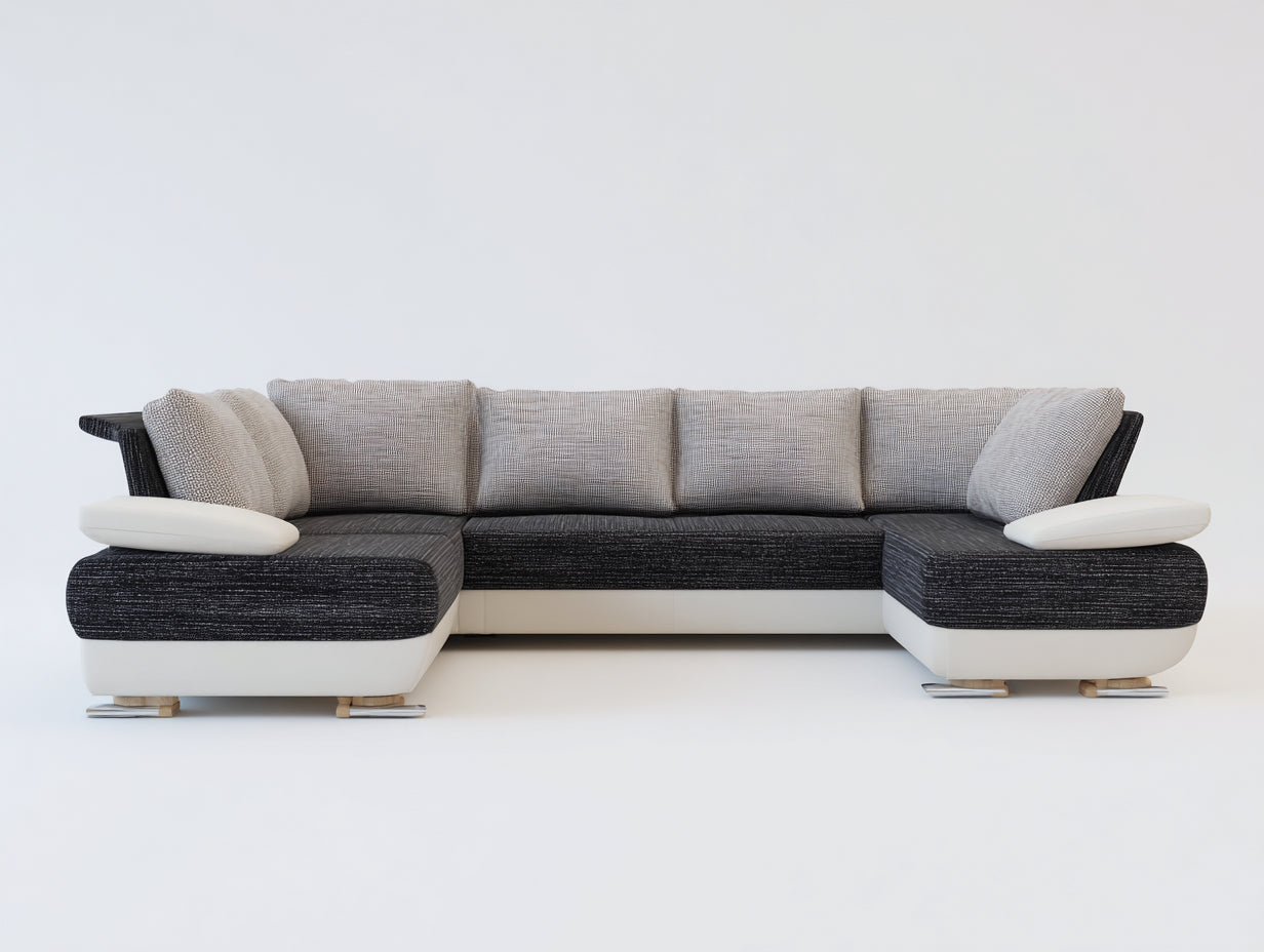 Sofás de esquina de tela y polipiel 320x180x82 cm - blanco-gris oscuro-gris claro - diseño panorámico para salón