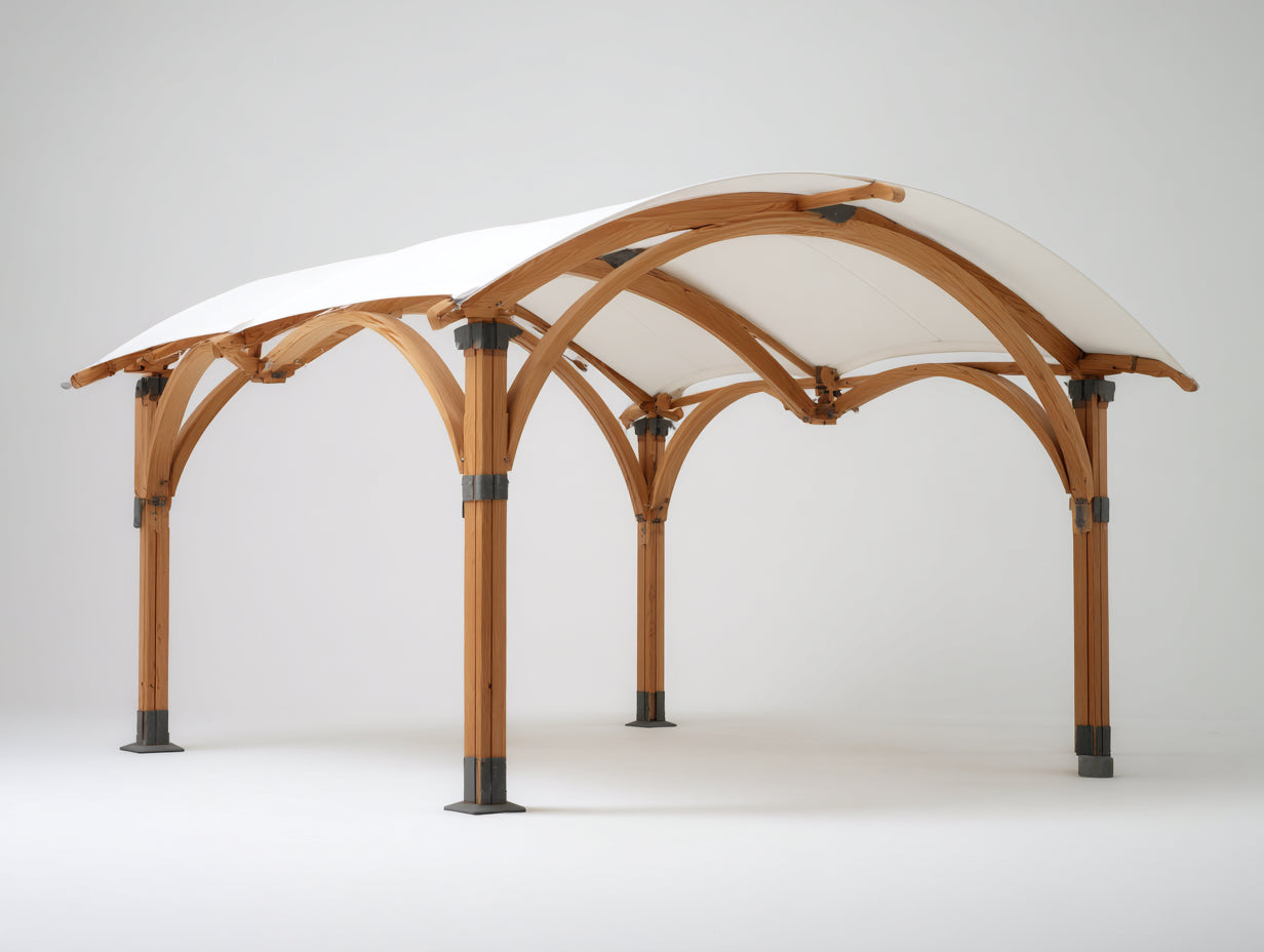Pérgola de jardín de madera 420x320x260 cm - madera natural blanco y gris - techo curvo estilo rústico moderno