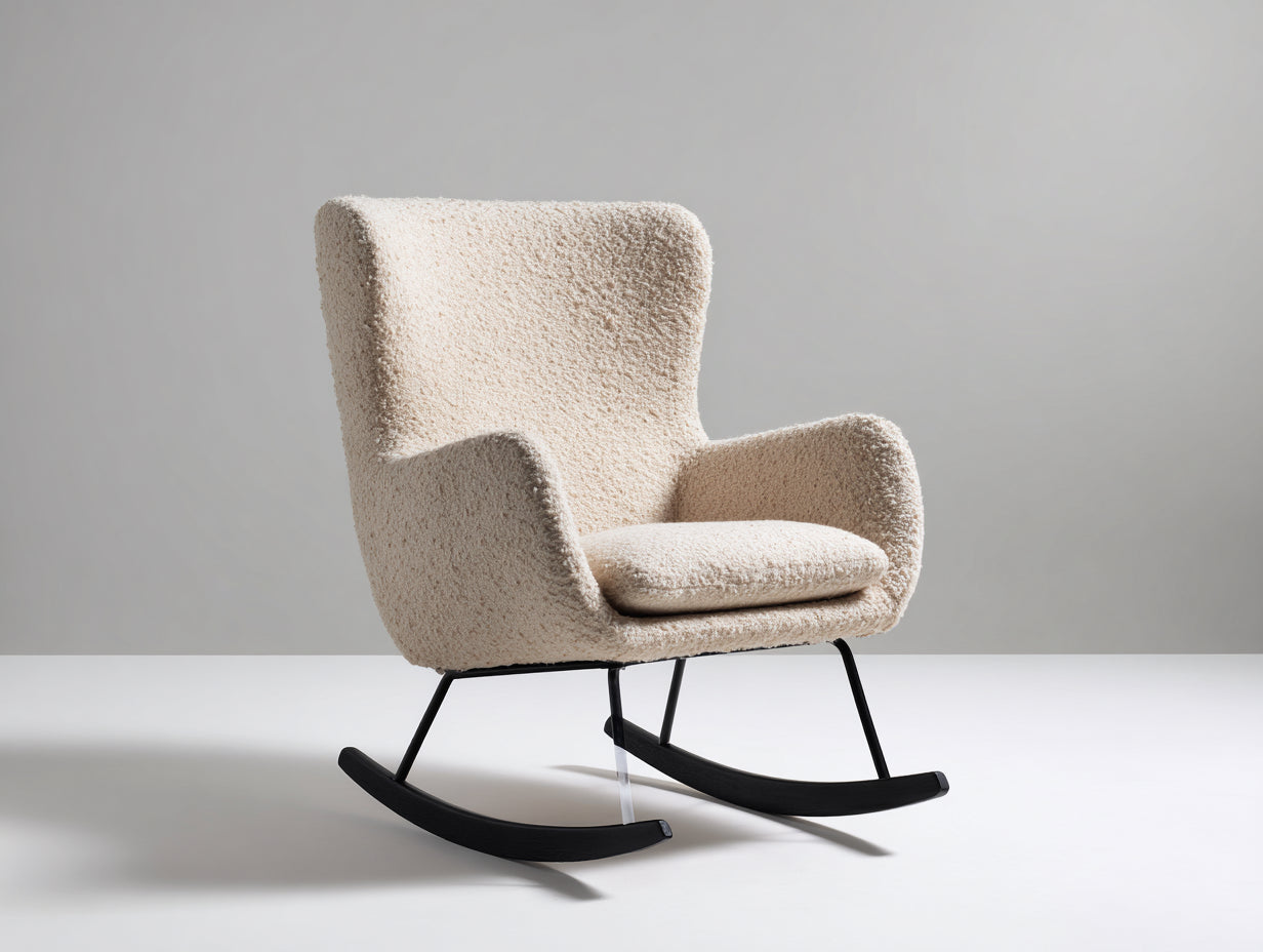 Mecedoras tapizadas 80x88x105 cm - Beige y negro - Tejido de textura rizada - Base curva de diseño moderno para salón y dormitorio