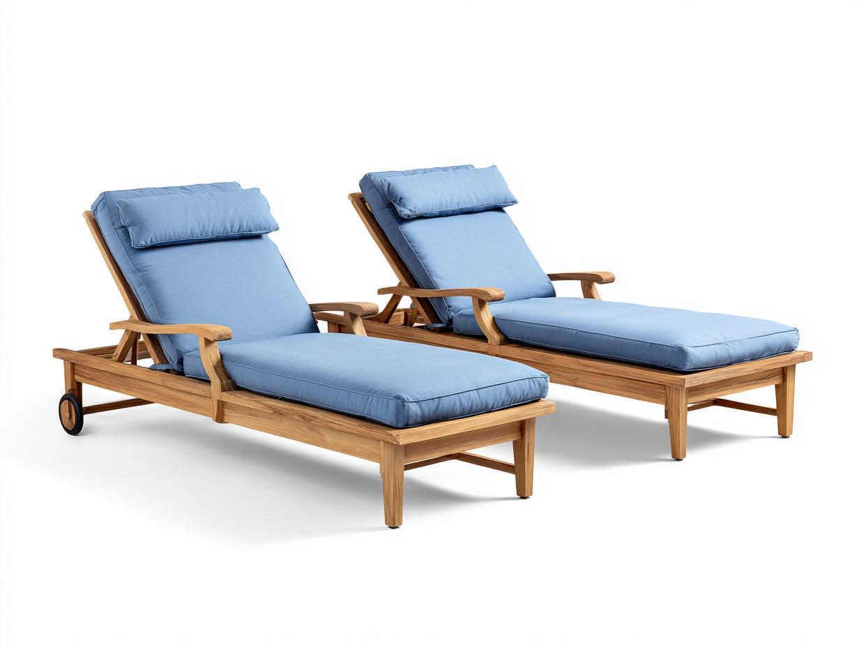 Tumbonas de madera 200x72x92 cm - Madera natural y azul - Pack de 2 con ruedas y respaldo ajustable - Diseño clásico para jardín y piscina