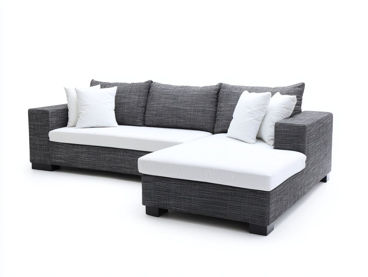 Sofás de esquina tapizados 275x175x86 cm - Gris oscuro y blanco - Chaise longue integrada - Diseño moderno para salón