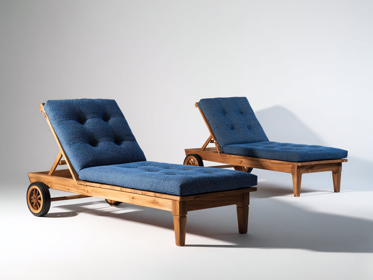 Tumbonas de madera 200x70x86 cm - natural-azul oscuro - set de 2 con respaldo reclinable y ruedas para jardín