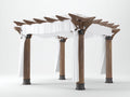 Pérgola de jardín de madera maciza 380x280x245 cm - marrón natural-blanco-negro - cubierta textil con cortinas para terraza