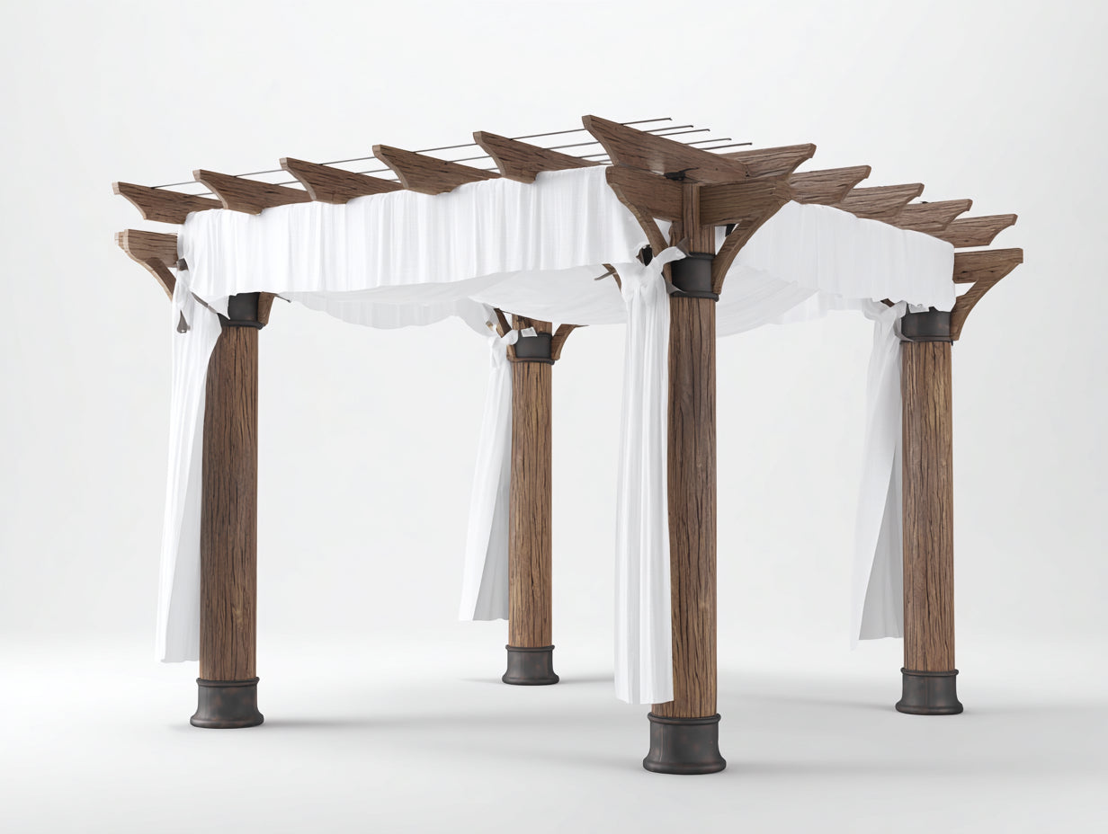 Pérgola de jardín de madera maciza 380x280x245 cm - marrón natural-blanco-negro - cubierta textil con cortinas para terraza