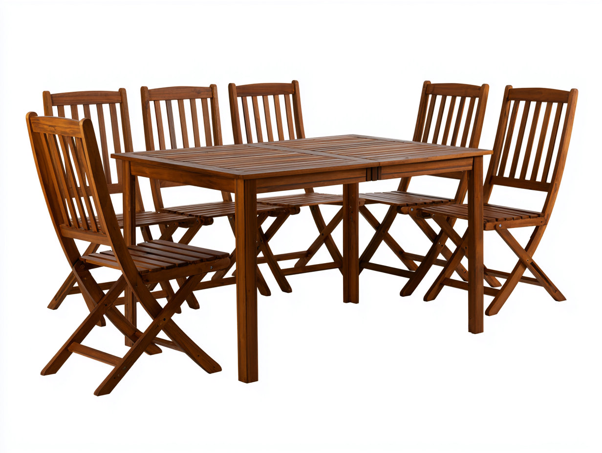 Conjuntos de comedor de jardín de madera 140x80x75 cm - marrón miel - mesa rectangular con 6 sillas plegables