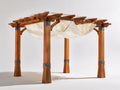 Pérgola de jardín de madera 360x250x240 cm - marrón madera-crema-gris oscuro - techo con toldo drapeado
