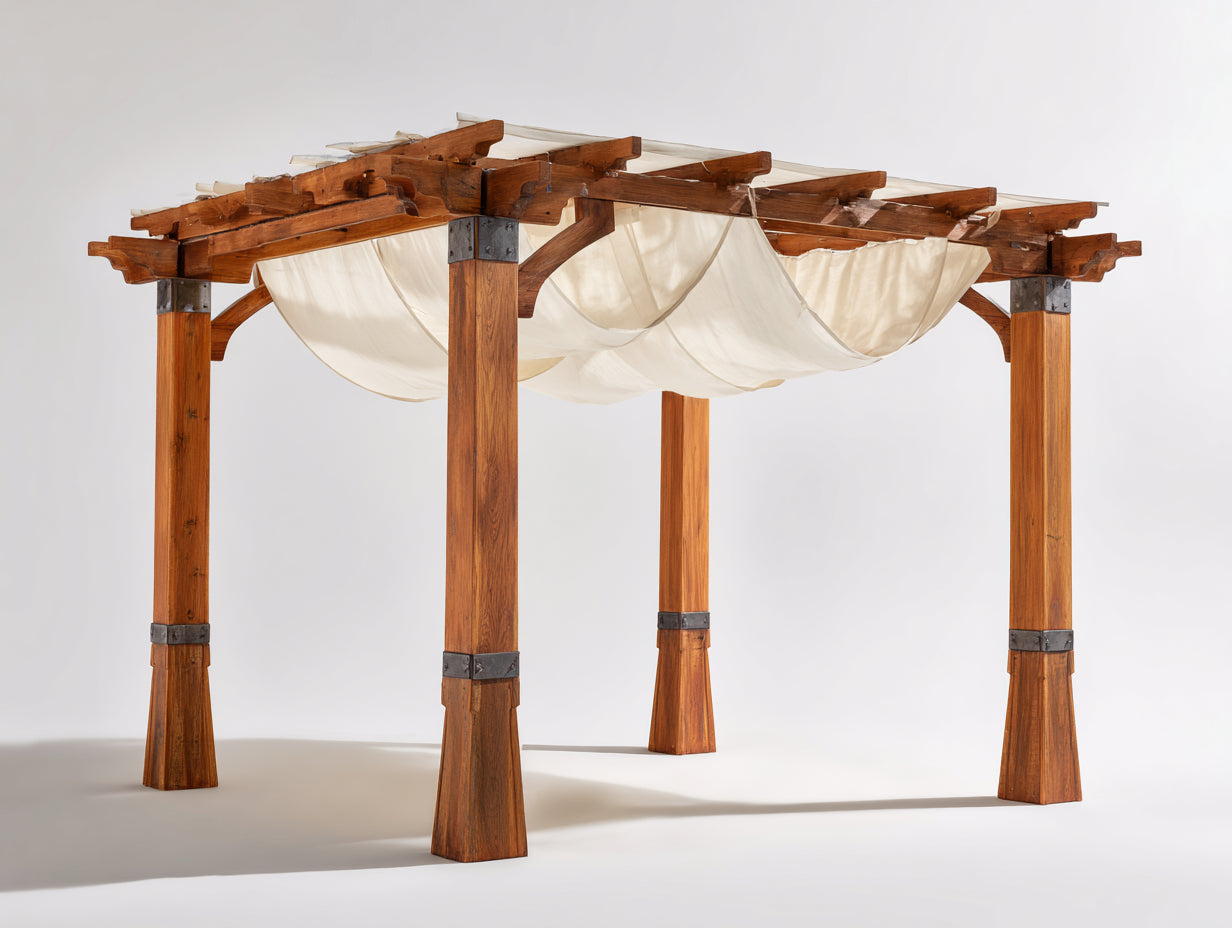 Pérgola de jardín de madera 360x250x240 cm - marrón madera-crema-gris oscuro - techo con toldo drapeado