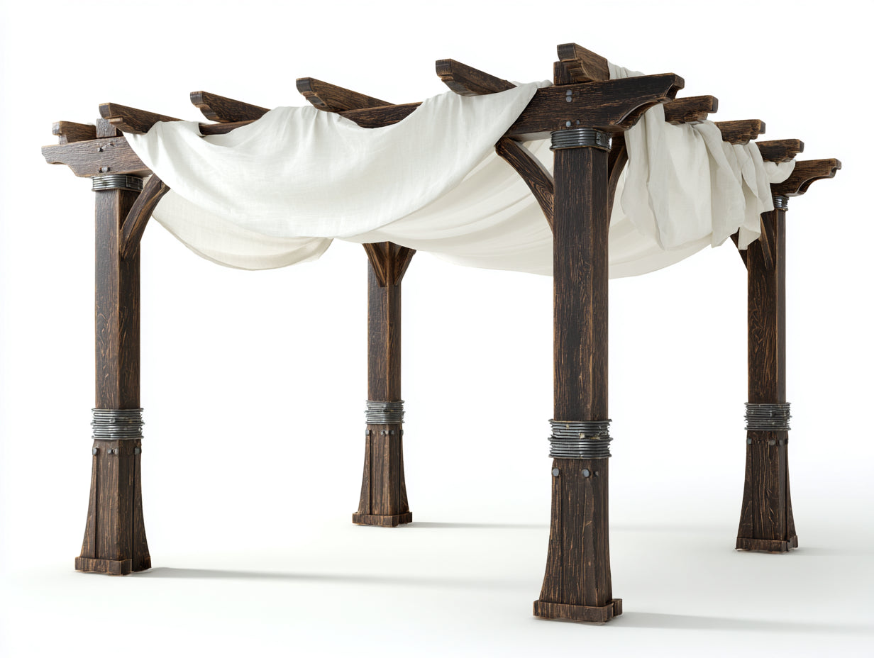 Pérgola de jardín de madera 380x300x250 cm - marrón oscuro con toldo blanco - estilo rústico decorativo