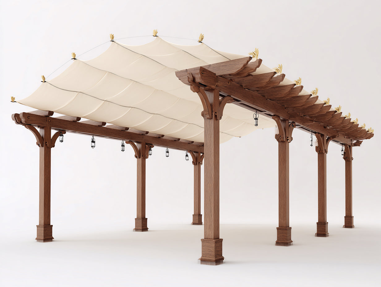 Pérgola de jardín de madera maciza 600x300x250 cm - marrón natural-crema-negro - cubierta textil ondulada para terraza