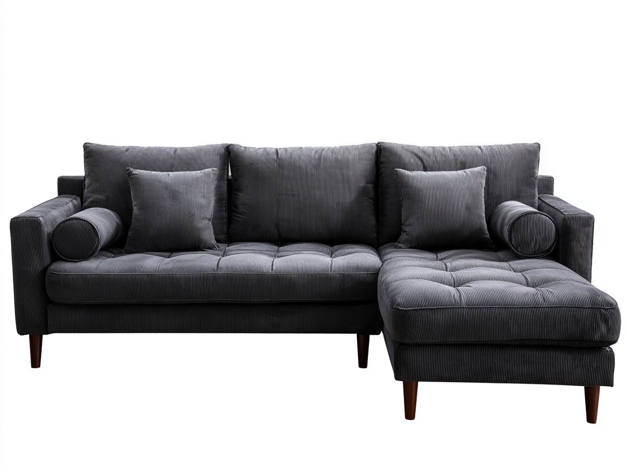 Sofás de esquina tapizados 285x165x82 cm - gris oscuro-marrón madera - diseño acanalado con módulo alargado