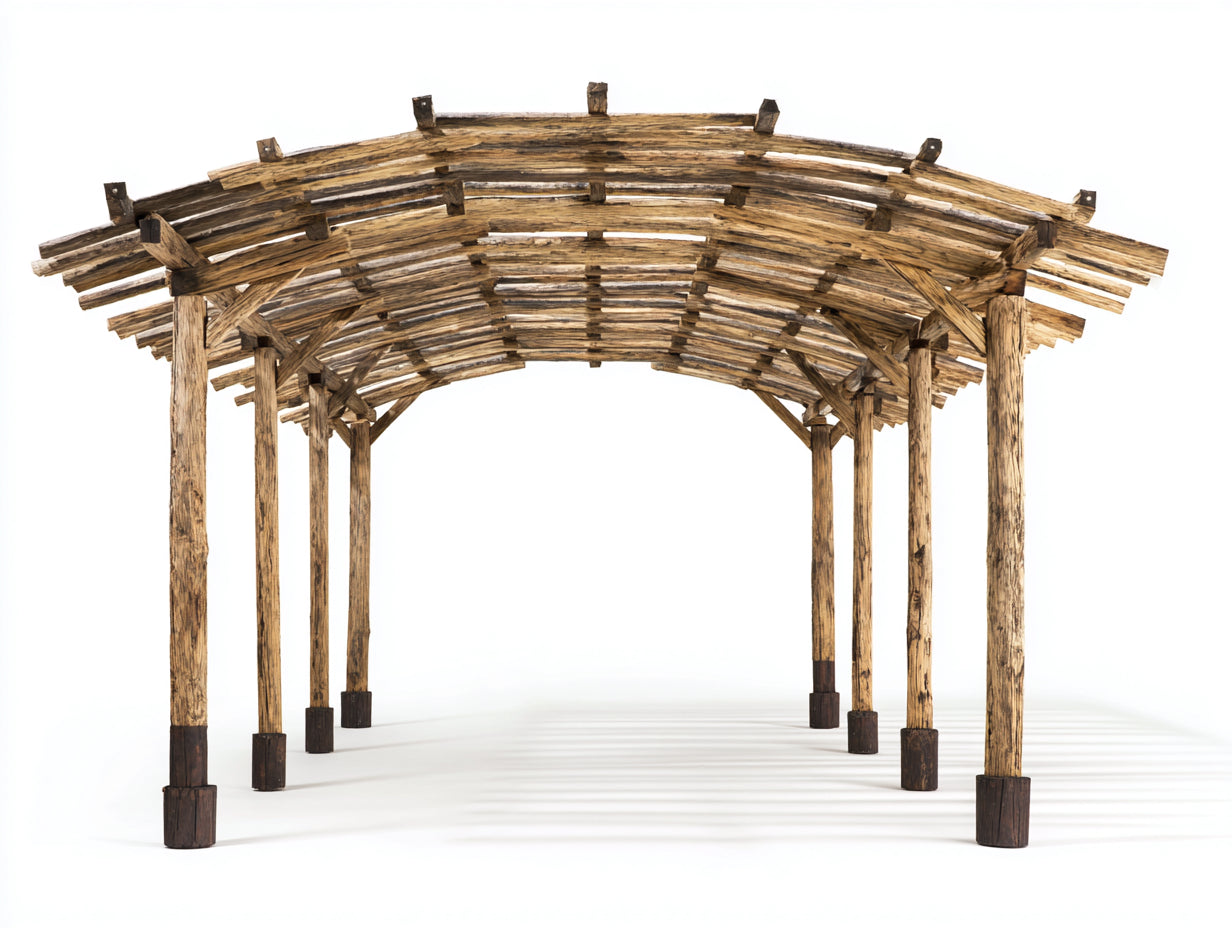 Pérgola de jardín de madera 500 x 300 x 250 cm - Madera envejecida y marrón oscuro - Techo arqueado de listones rústicos