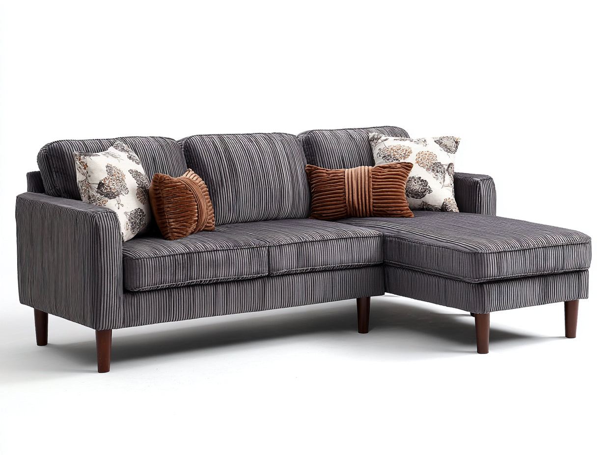 Sofás de esquina tapizados en pana 240x155x84 cm - gris oscuro y marrón - diseño moderno con módulo extendido