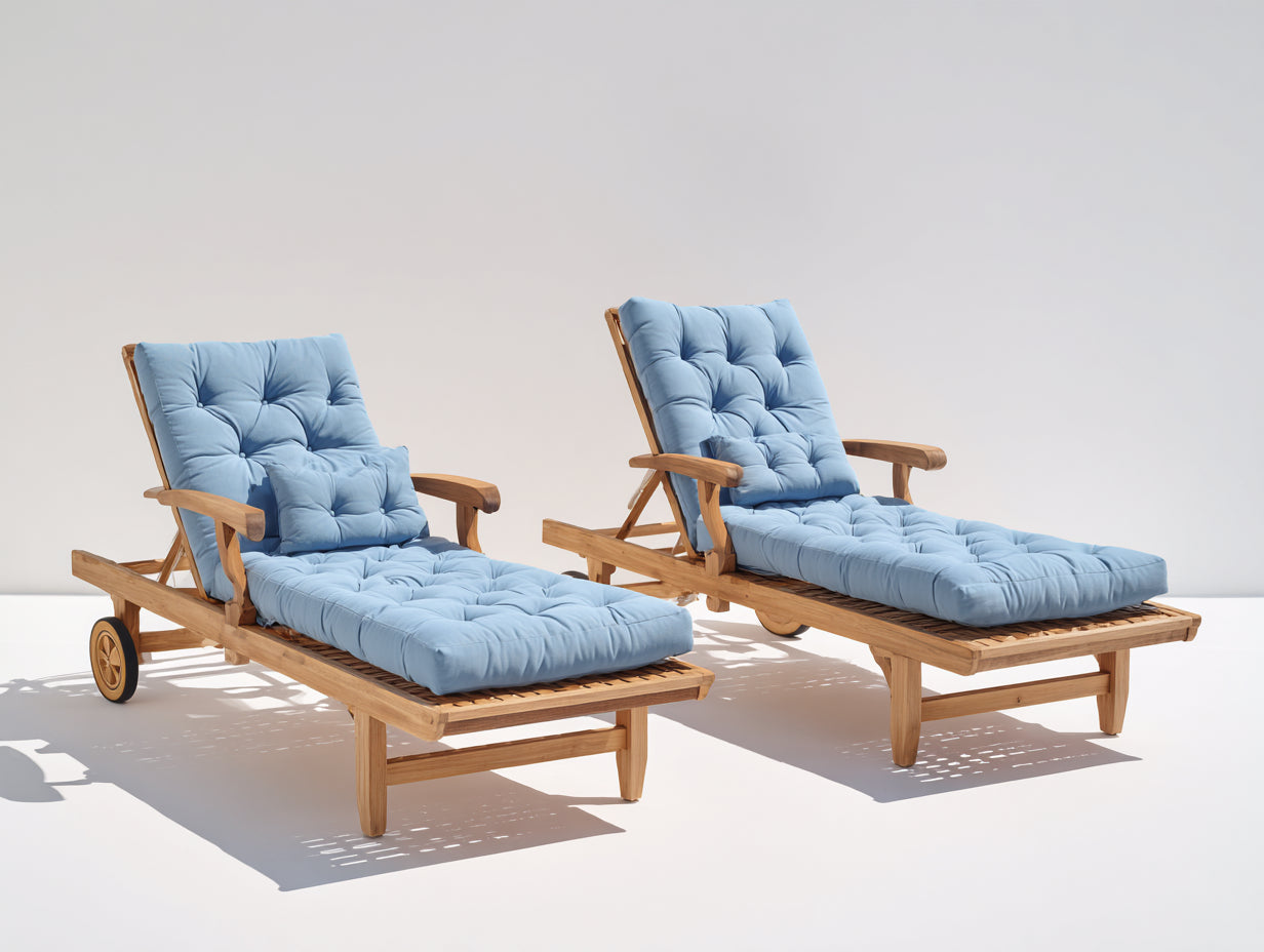 Tumbonas de madera 190x65x88 cm - madera natural-azul - juego de 2 con ruedas