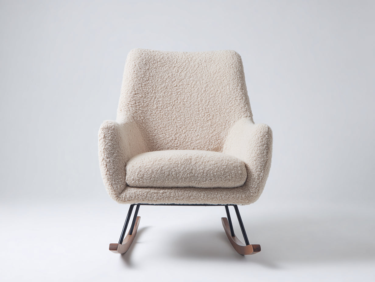 Mecedoras tapizadas en tejido bouclé 78 x 90 x 98 cm - Crema negro y madera oscura - Diseño envolvente con patines curvos