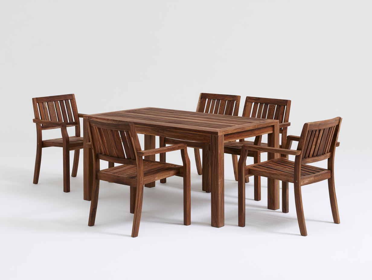 Conjuntos de comedor de jardín de madera 160x90x75 cm - marrón natural - mesa rectangular con 5 sillas para exterior