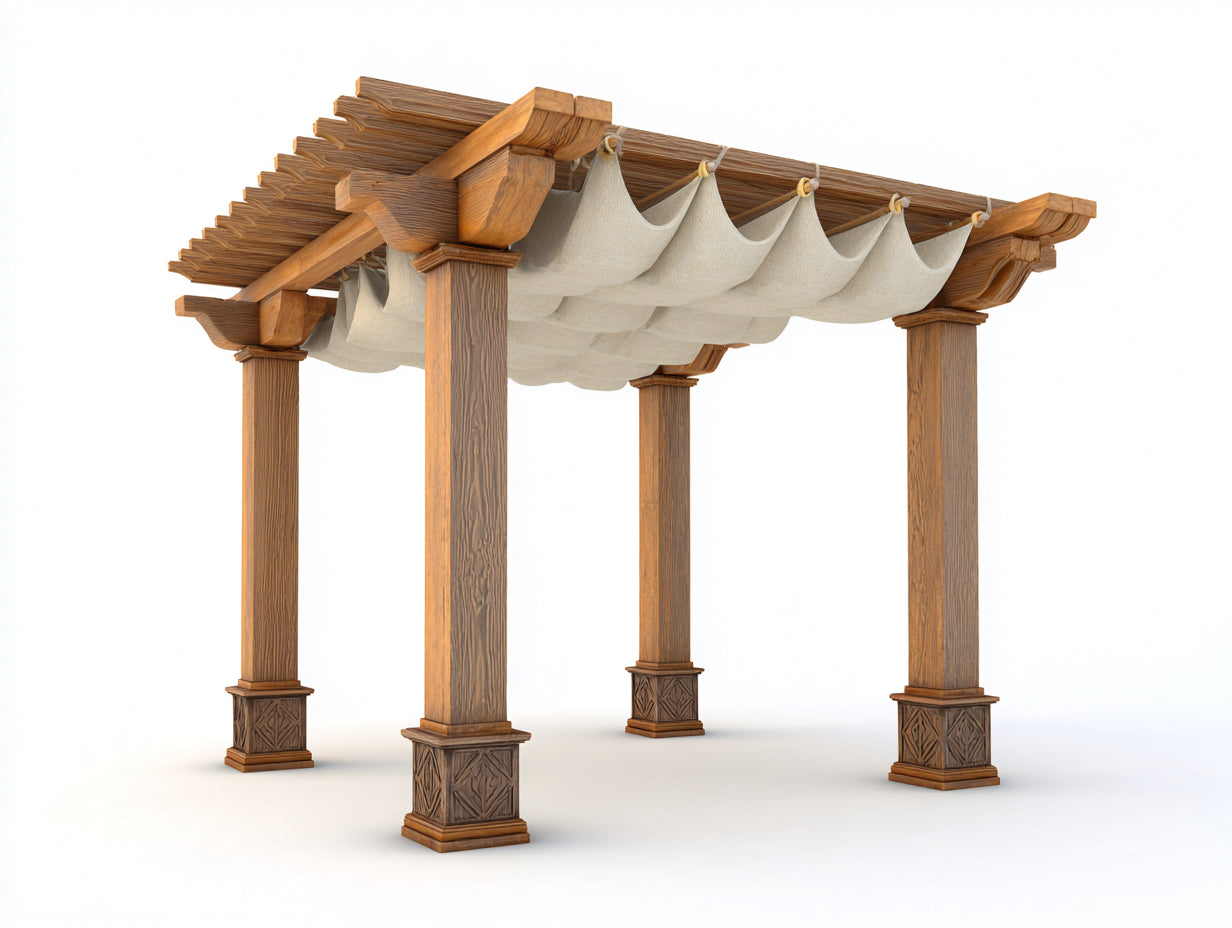 Pérgola de jardín de madera 350x250x240 cm - madera natural-crema - techo con toldo ondulado
