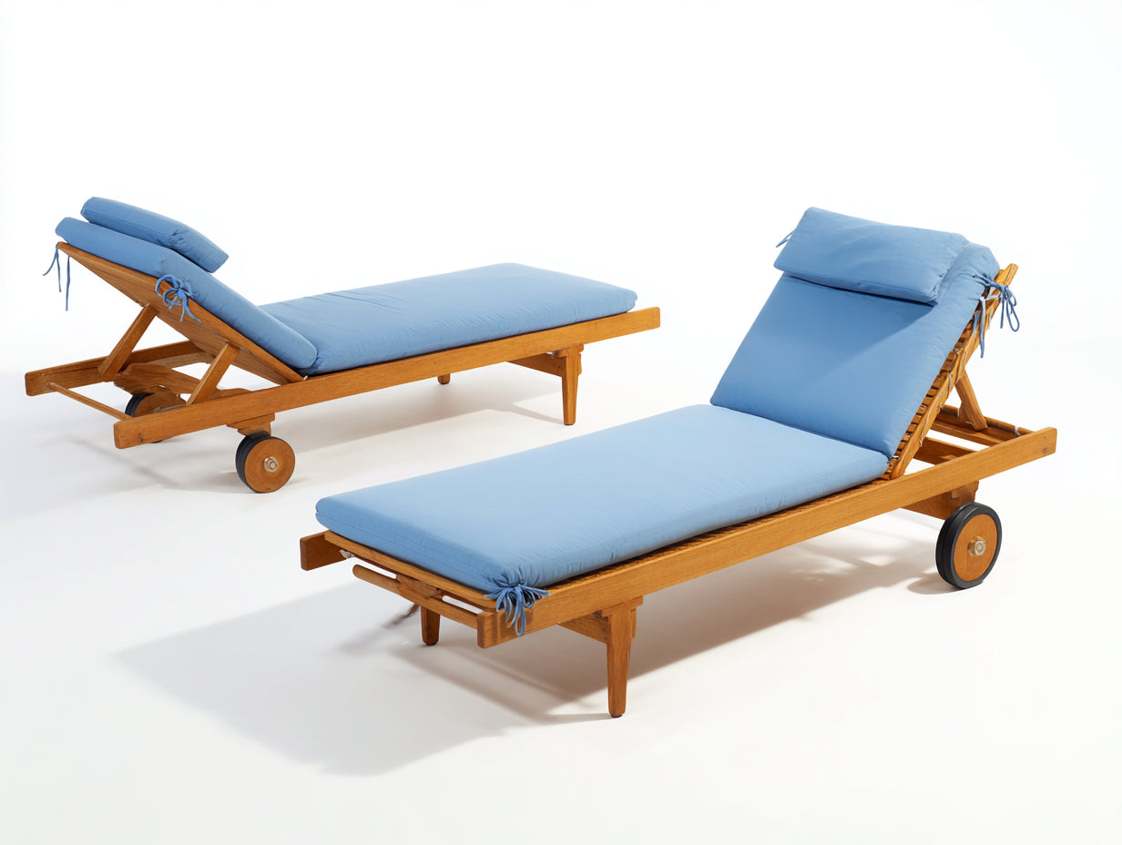 Tumbonas de madera 190x65x78 cm - azul claro y madera natural - respaldo regulable con ruedas