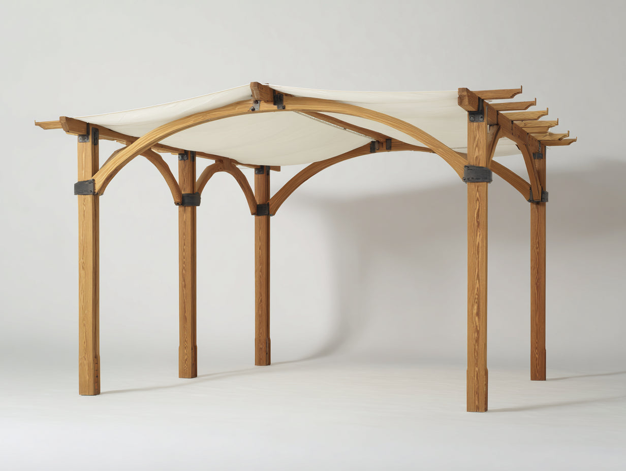 Pérgola de jardín de madera y tejido 400 x 300 x 250 cm - Madera natural crema y negro - Cubierta textil con vigas arqueadas
