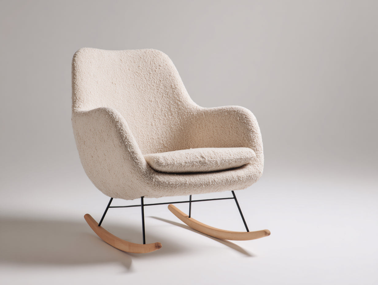 Mecedoras tapizadas en tejido de rizo 78 x 90 x 96 cm - Crema negro y madera natural - Diseño envolvente con patines curvos