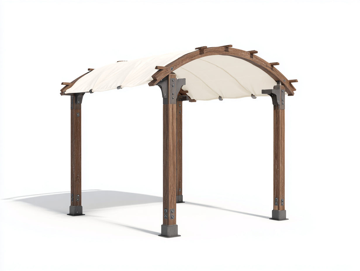 Pérgola de jardín de madera 320x250x240 cm - marrón madera-crema - techo curvo con toldo