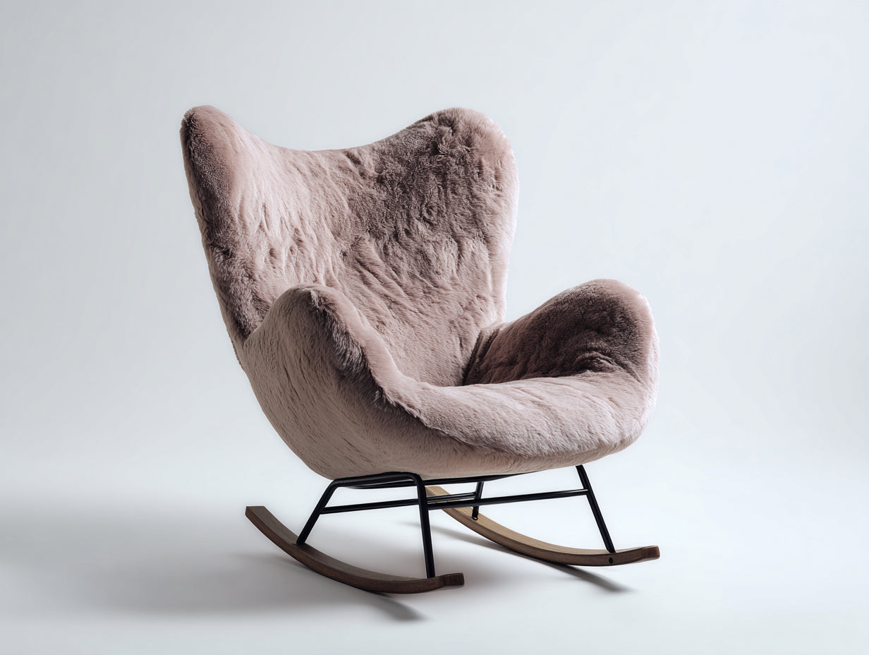 Mecedoras tapizadas en pelo sintético 82 x 96 x 102 cm - Rosa empolvado negro y madera oscura - Diseño envolvente con patines curvos