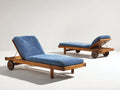 Tumbonas de madera 190x65x82 cm - marrón madera-azul - juego de 2 con ruedas