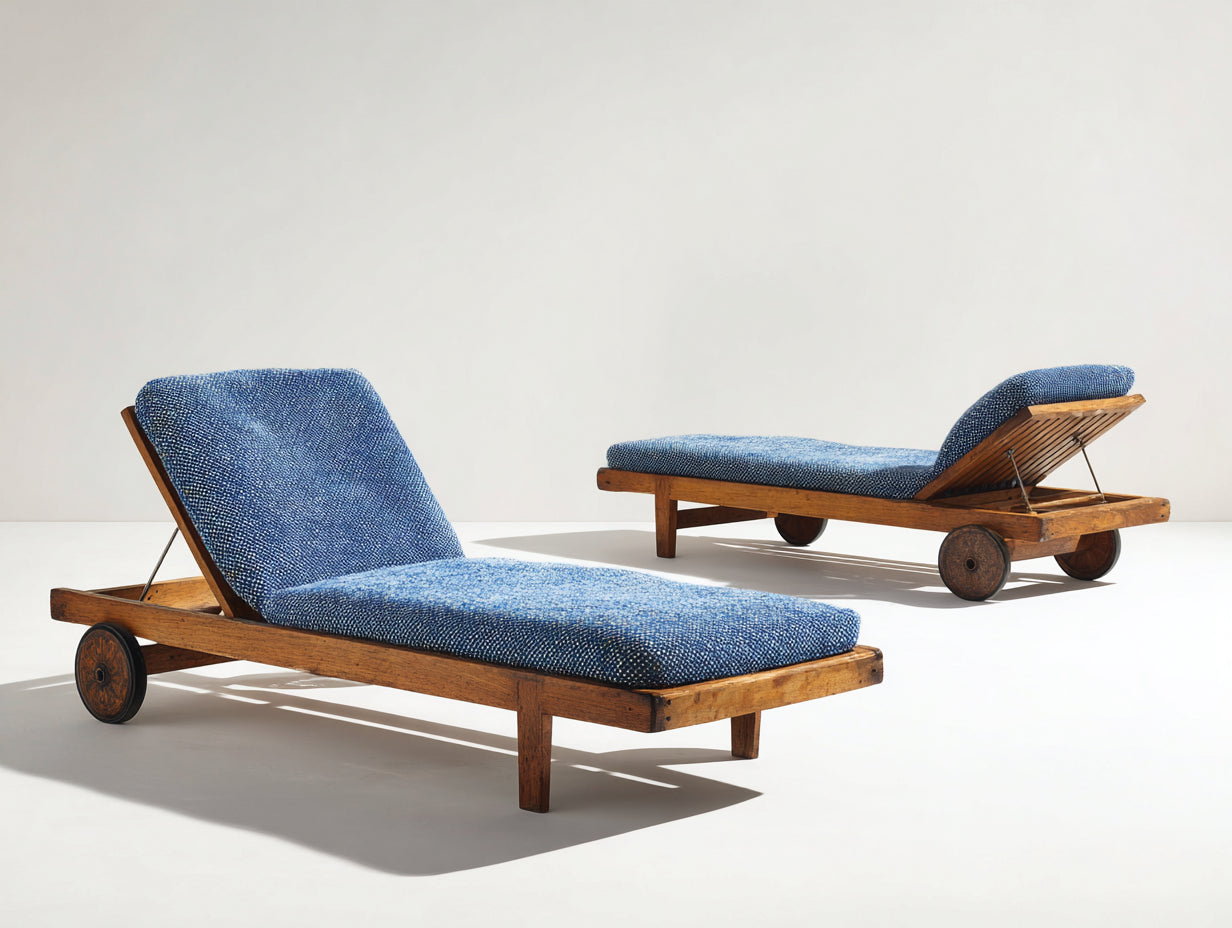 Tumbonas de madera 190x65x82 cm - marrón madera-azul - juego de 2 con ruedas