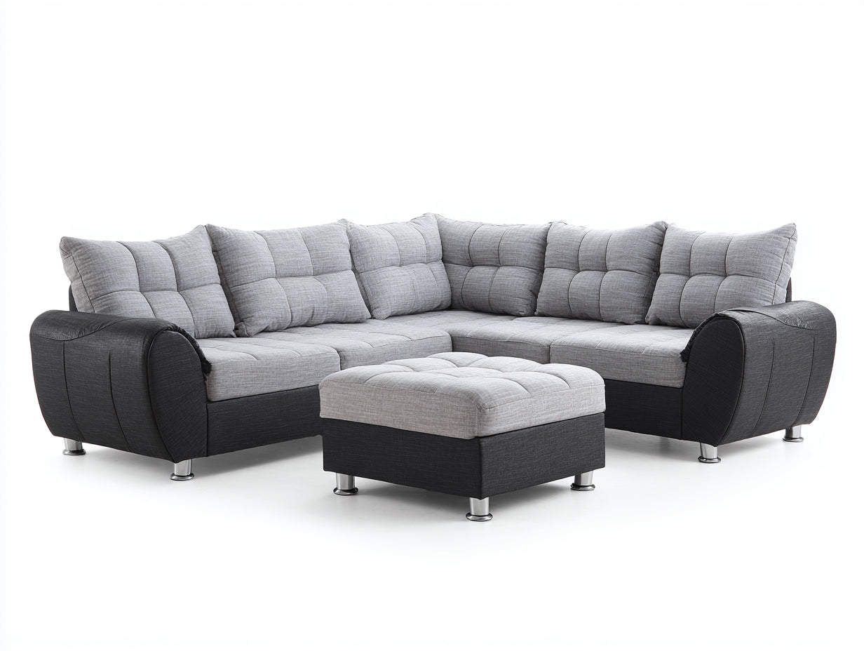 Sofás de esquina tapizados en tela 260x260x86 cm - gris claro gris oscuro y plata - diseño moderno con reposapiés